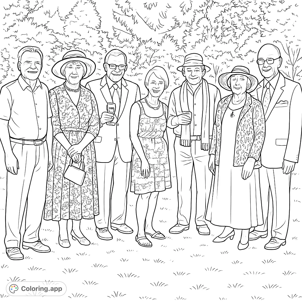 A delightful group of seven adults enjoying an outdoor social gathering, perfect for a relaxing and engaging coloring experience.
