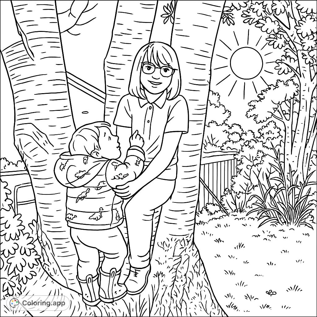 A heartwarming scene of two children, an older girl and a younger child in a dinosaur jacket, enjoying a playful moment while climbing a tree outdoors.