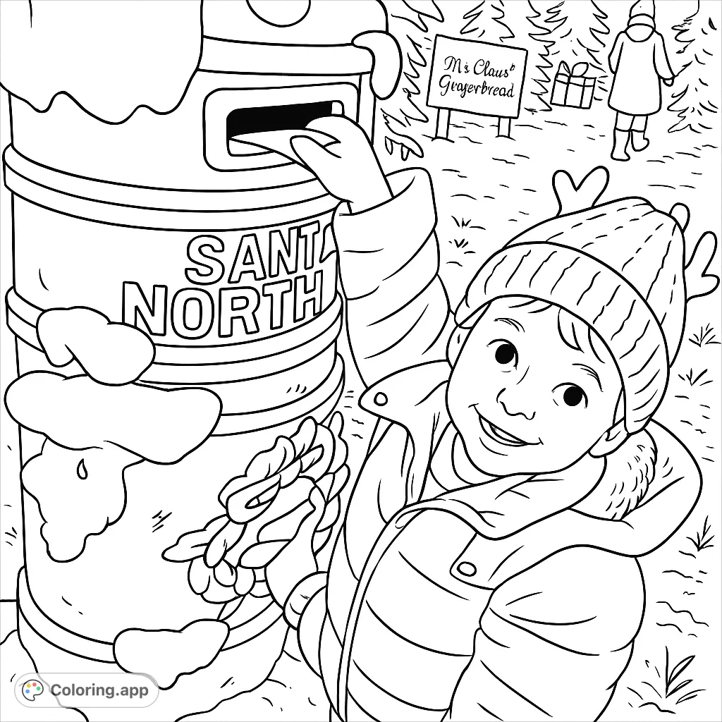 A joyful child mails a letter to Santa at a snowy North Pole mailbox. Perfect for a festive Christmas coloring page, free printable for kids!