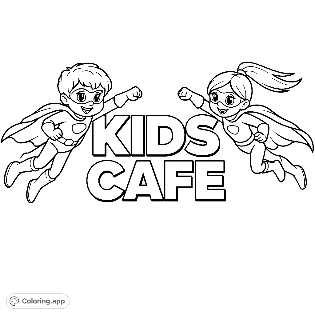 A dynamic superhero kids coloring page featuring a boy and girl flying heroically. Free printable superhero coloring page for kids, perfect for action-packed fun!