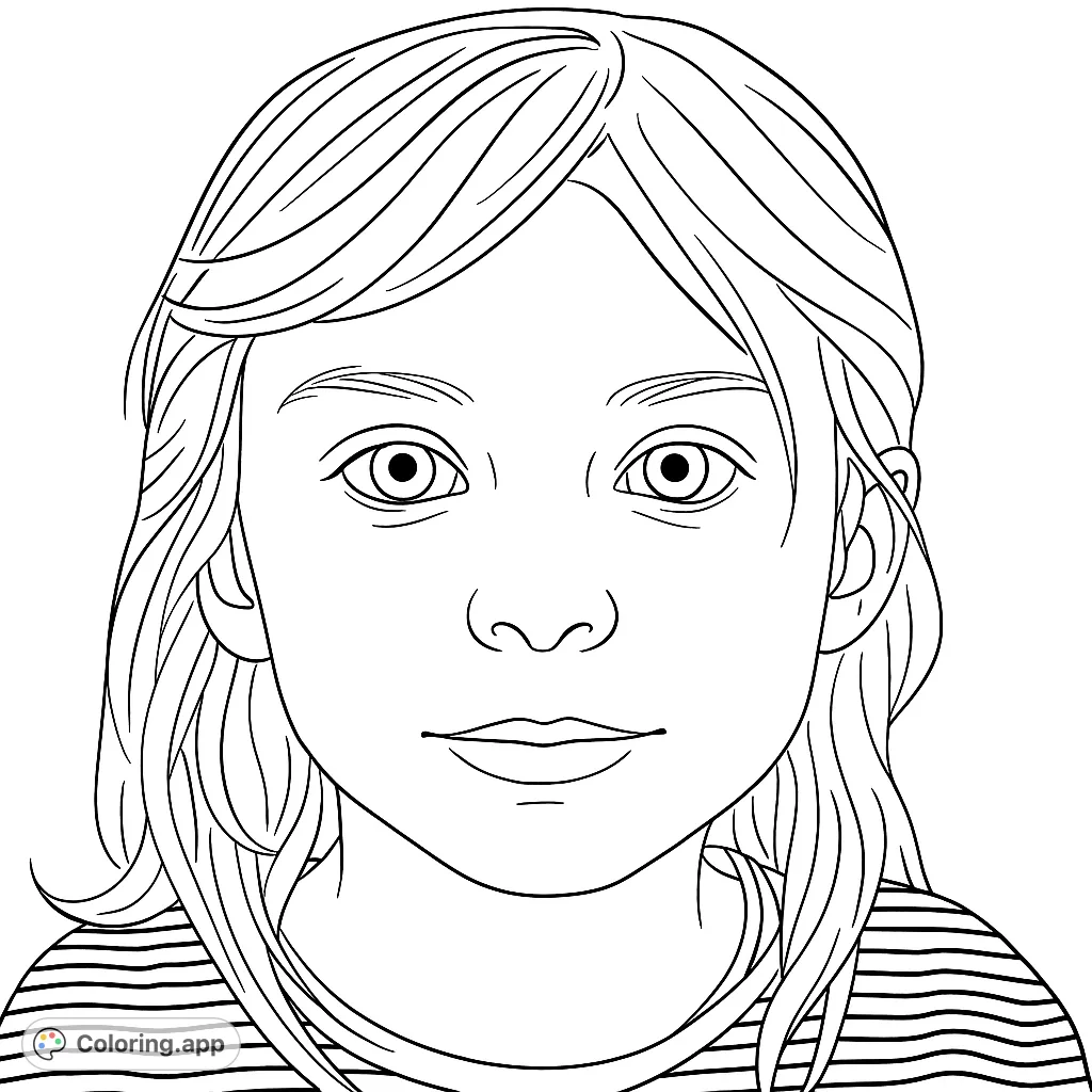 A charming young girl's portrait coloring page, perfect for all ages. Features a sweet face with flowing hair and a striped shirt, ready for vibrant colors.