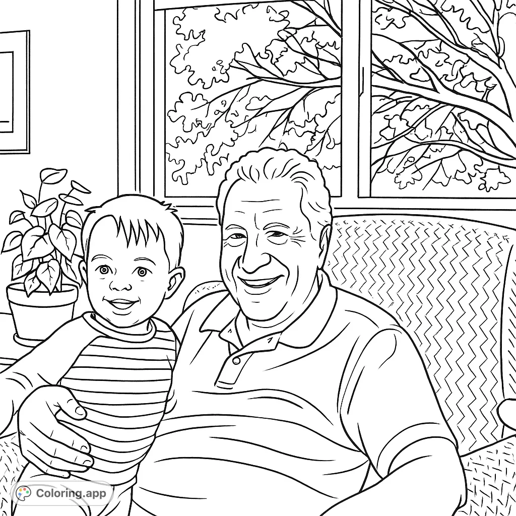 A heartwarming family bonding coloring page featuring a smiling grandfather and grandson, perfect for all ages. Free printable for cherished memories.