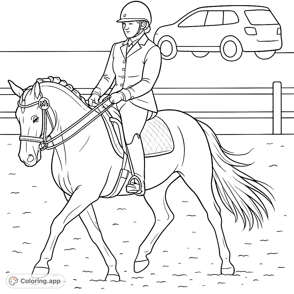 An elegant equestrian coloring page featuring a rider on a majestic horse, perfect for horse lovers and aspiring equestrians. Free printable.