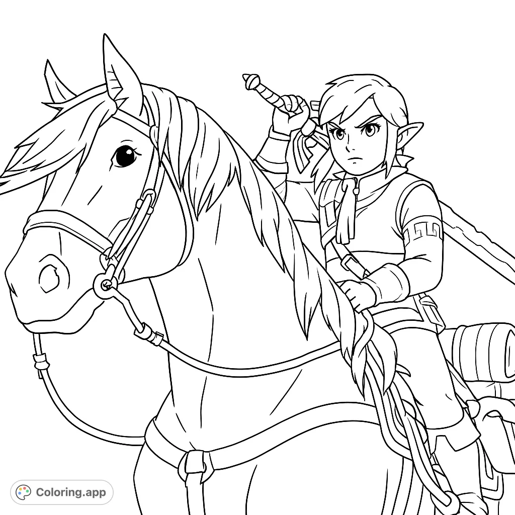 A determined hero on horseback, sword raised, ready for adventure. A detailed fantasy adventure coloring page for all ages.