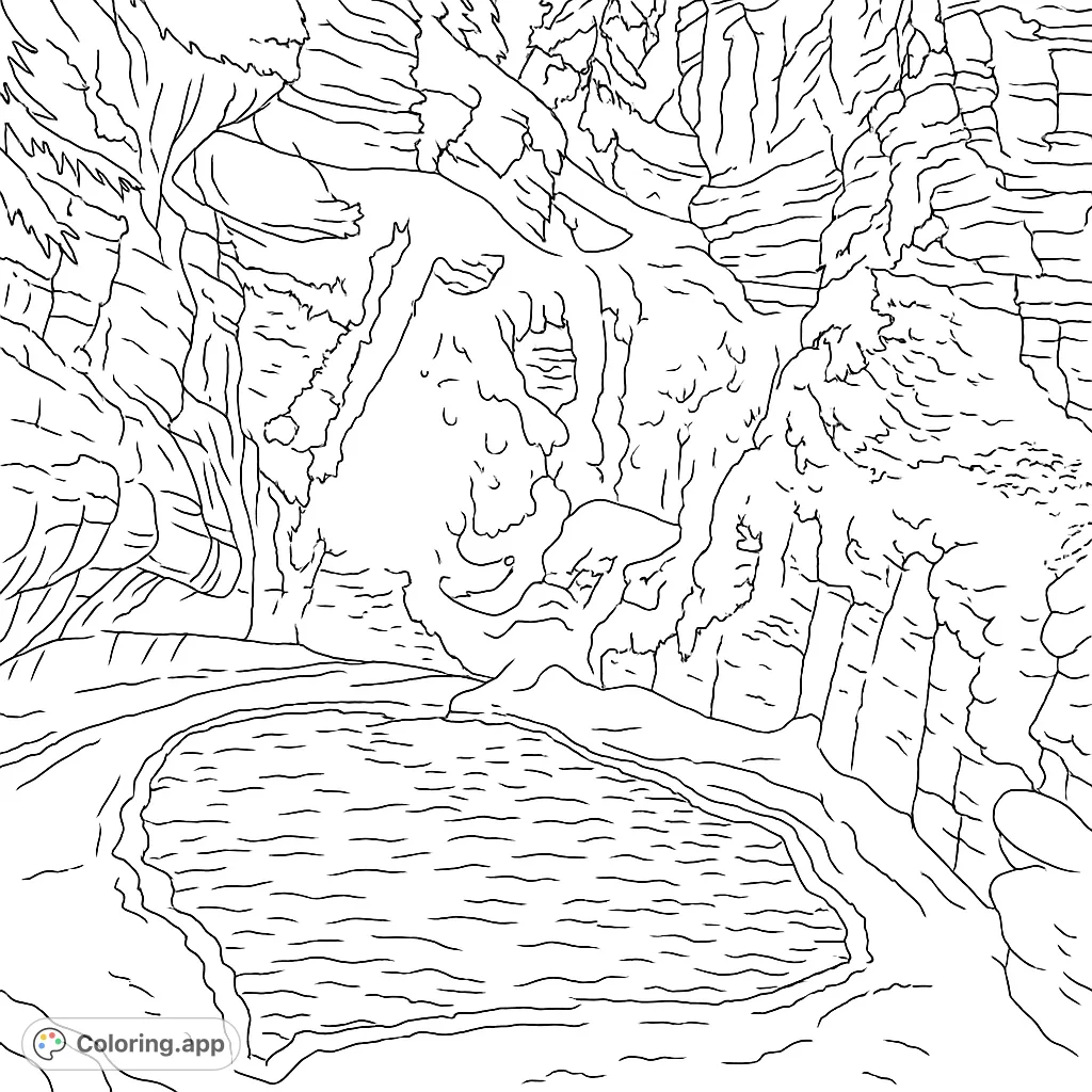 Discover a tranquil hidden pond nestled among rugged cliffs and lush foliage, with a gentle waterfall. A serene nature coloring page for all ages.