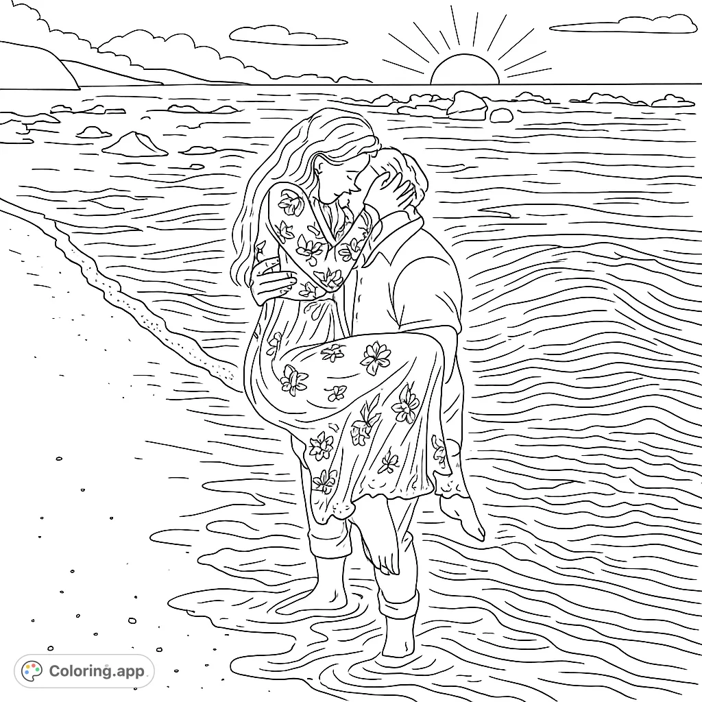 A romantic beach scene featuring a couple embracing in shallow water at sunset. Perfect for a serene and heartfelt coloring experience.