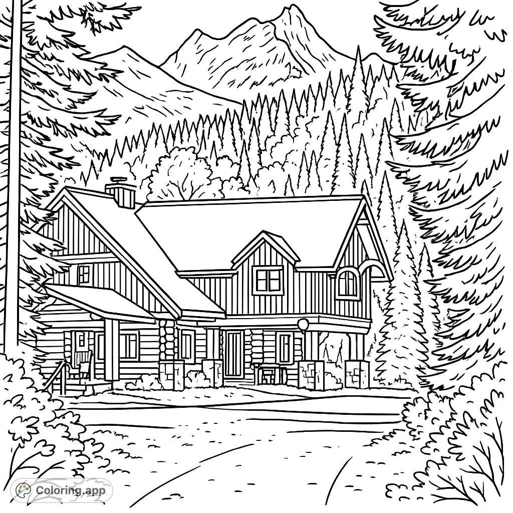 A charming rustic mountain cabin nestled among tall pine trees with majestic peaks in the background. A serene nature scene ready for your colors.