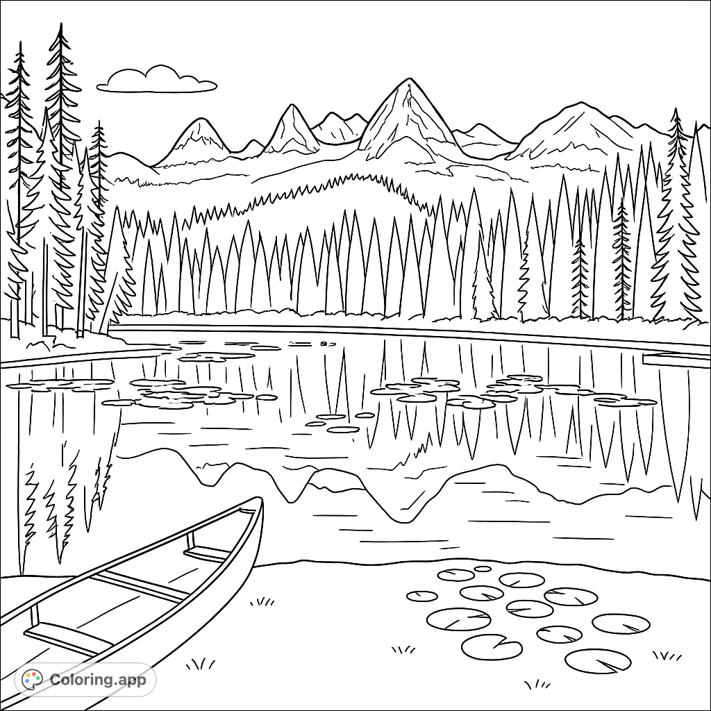 Explore a tranquil nature scene featuring a canoe by a calm lake, majestic mountains, and dense forests. A free printable nature coloring page for all ages.