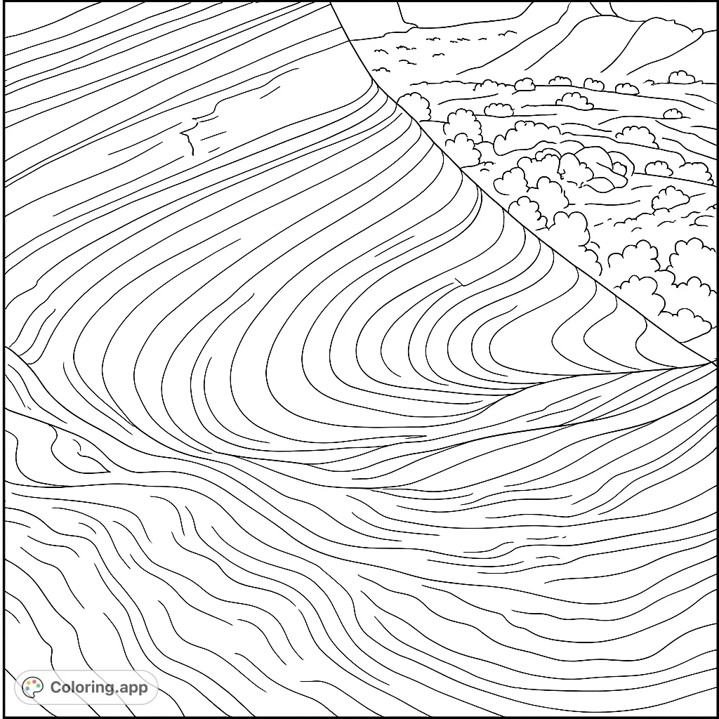 Explore a captivating layered rock landscape with distant hills and scattered bushes. A free printable nature coloring page for all ages.