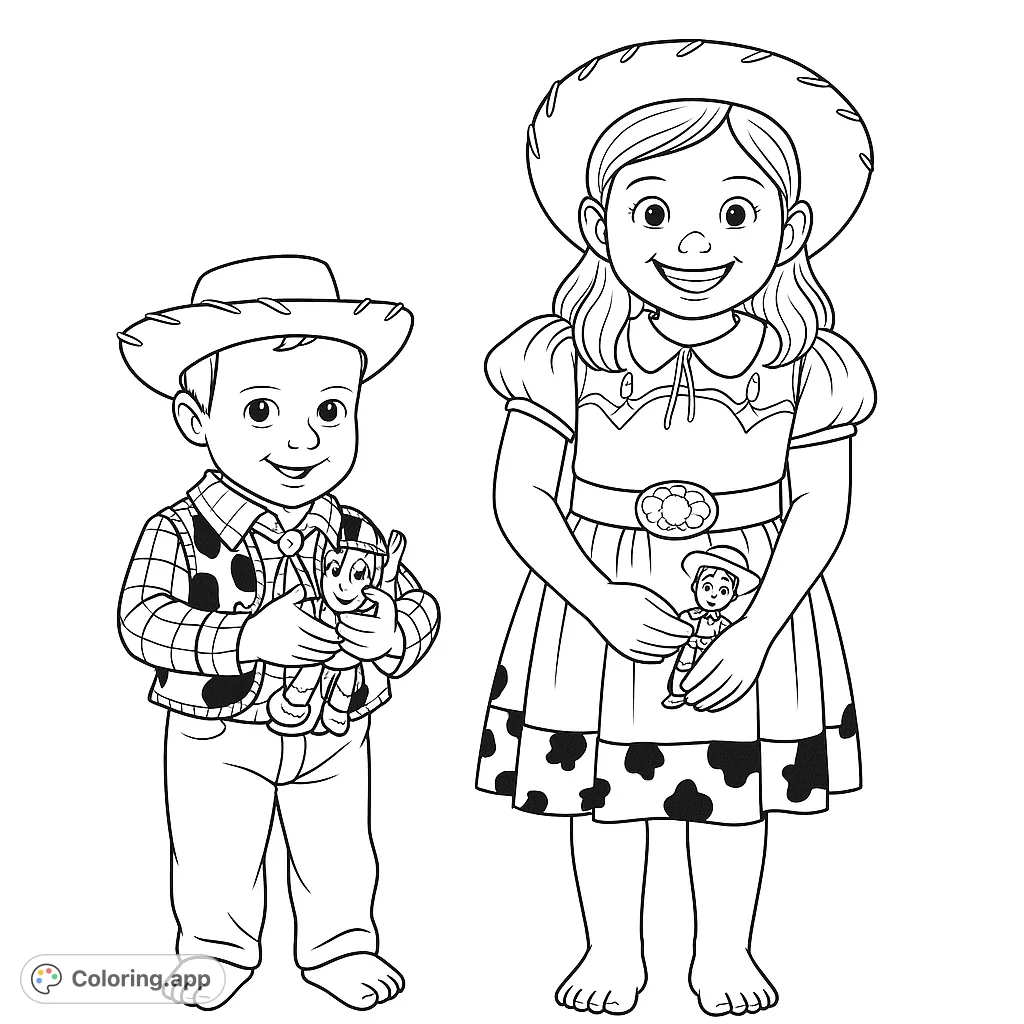 Adorable cowboy and cowgirl kids in western outfits, holding their dolls. A fun, free printable western coloring page for all ages.