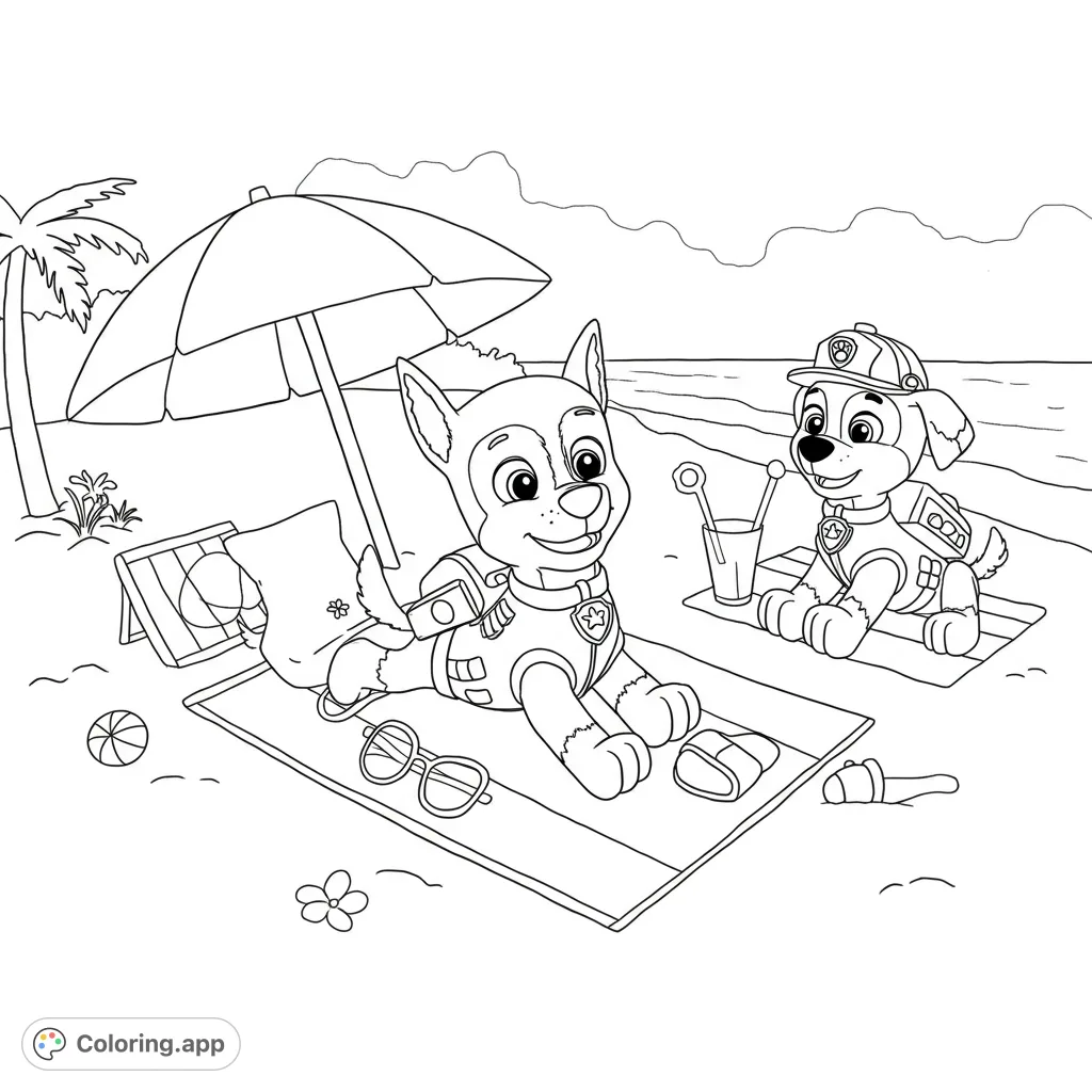 Two happy puppies enjoy a sunny beach day under an umbrella, perfect for a fun summer coloring page. Free printable for kids!