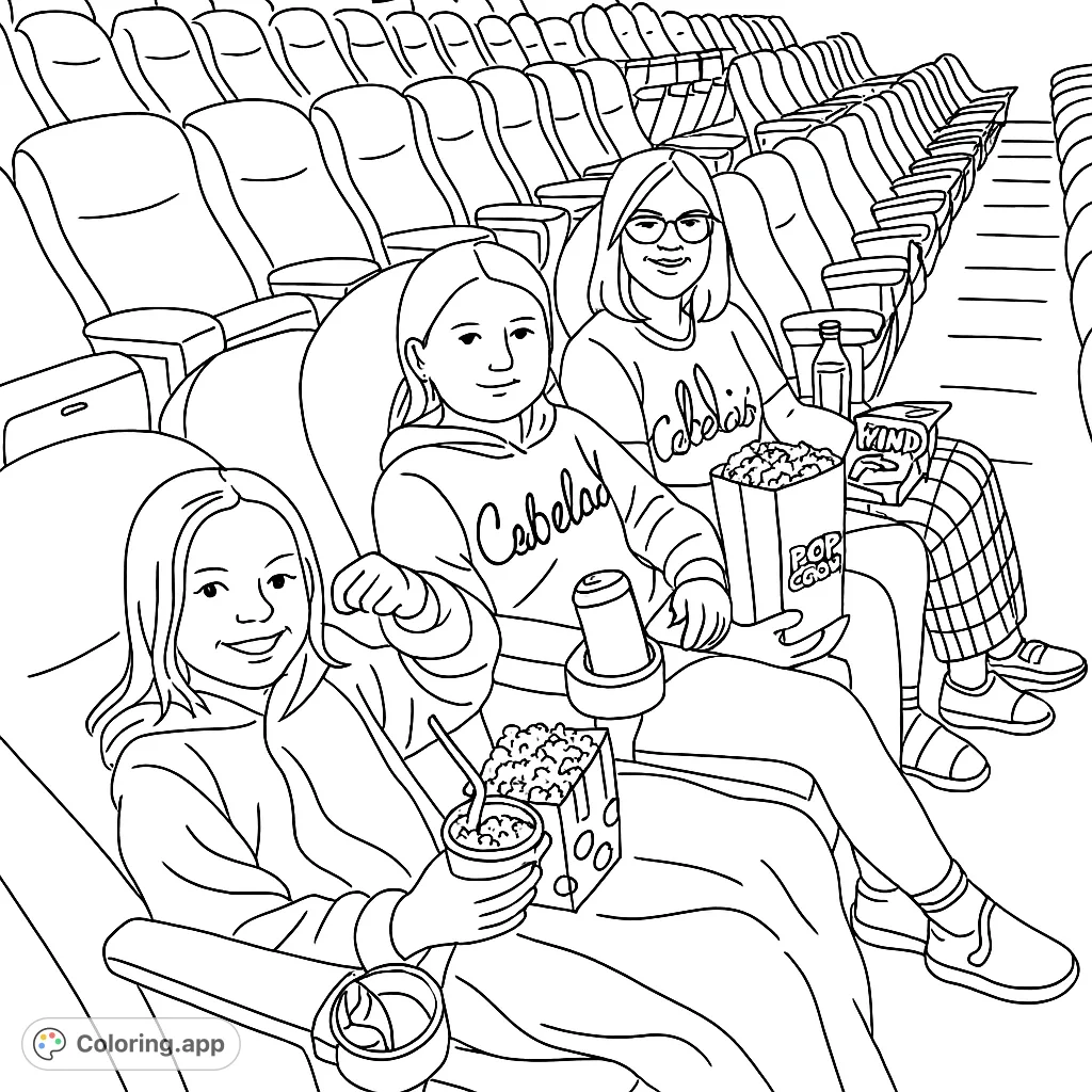 Join three friends for a fun movie night! This free printable movie theater coloring page features popcorn, drinks, and rows of seats for a relaxing creative escape.