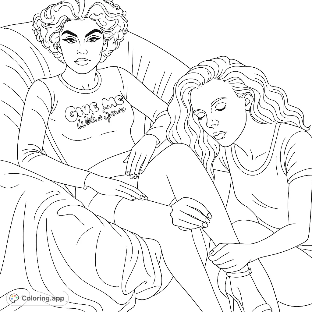 Two women relaxing on a couch, one with curly hair, the other with wavy hair, in a serene moment. Perfect for a calming coloring experience.
