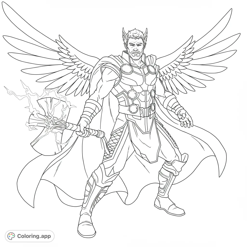 A powerful winged warrior in detailed armor wields a lightning axe, ready for action. Perfect for superhero fans!