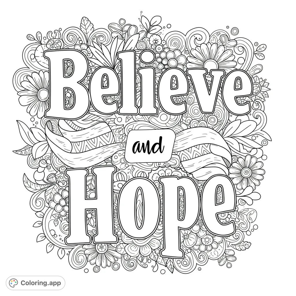Inspiring "Believe and Hope" quote surrounded by intricate floral and botanical patterns, perfect for mindful coloring and creative expression.