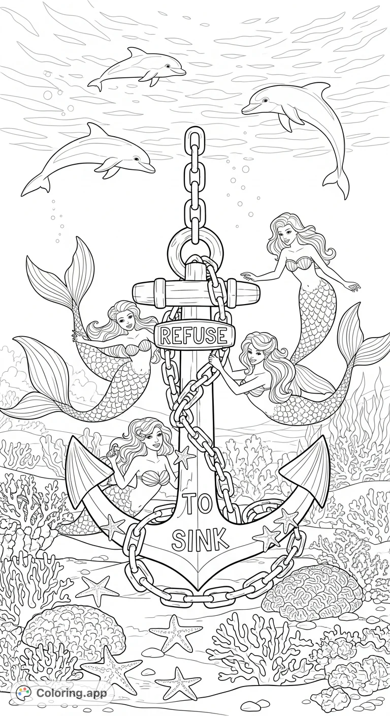 Explore a deep-sea wonderland with mermaids, playful dolphins, and starfish surrounding a majestic anchor inscribed with "Refuse to sink." An inspiring ocean adventure!