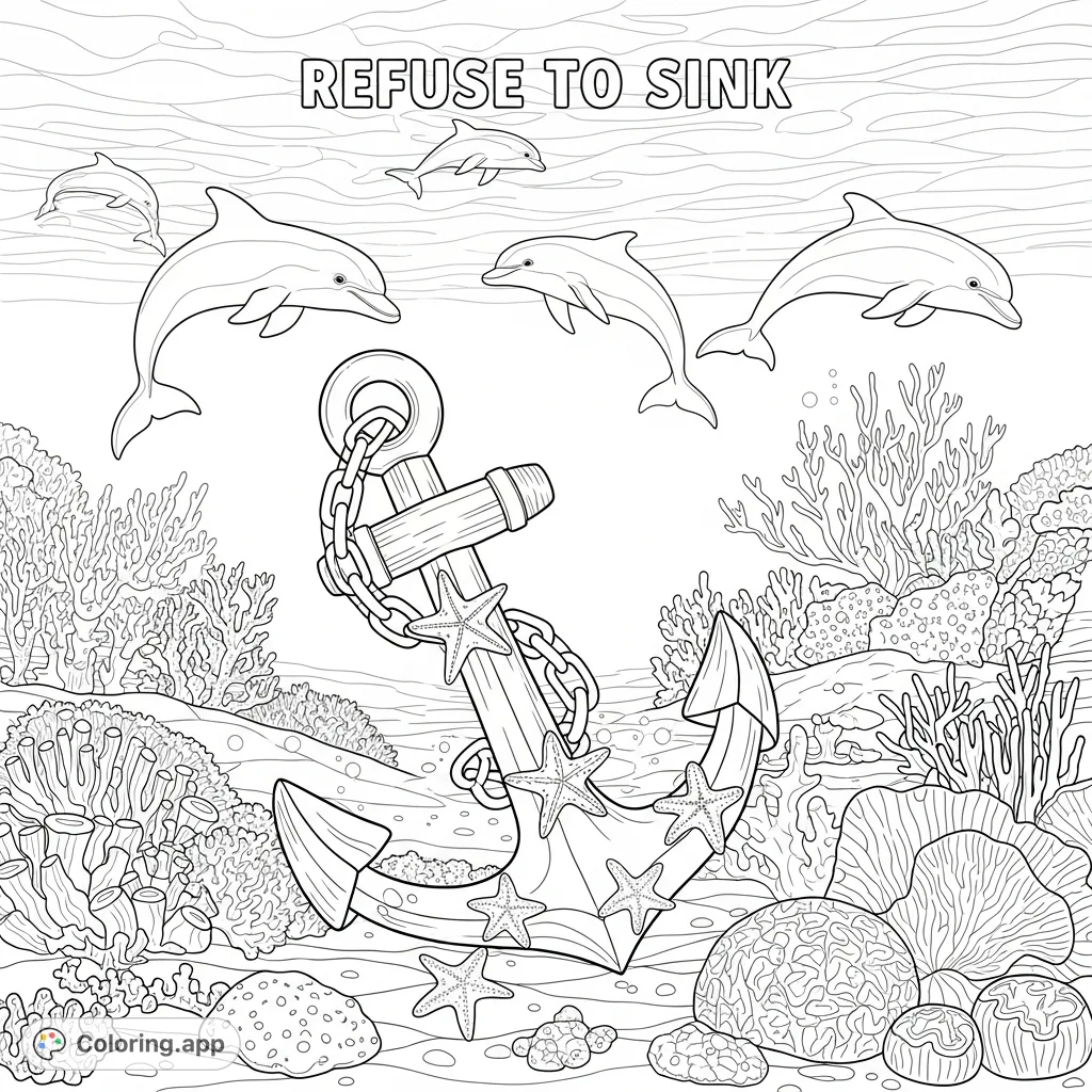 A resilient anchor amidst vibrant coral, with graceful dolphins above, all under the inspiring words 'Refuse to sink'. A detailed undersea adventure.