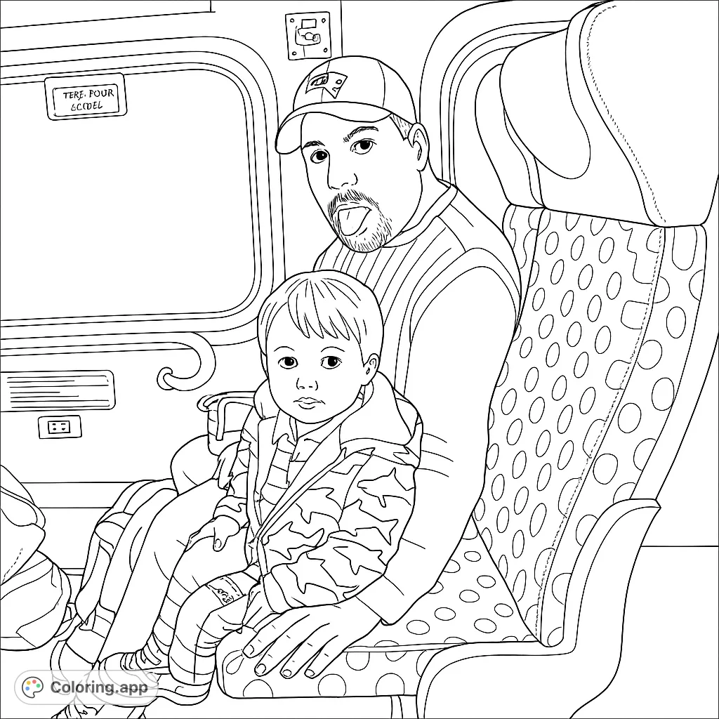 A heartwarming father and son train ride coloring page, featuring a playful dad and his child. Perfect free printable coloring page for family fun.