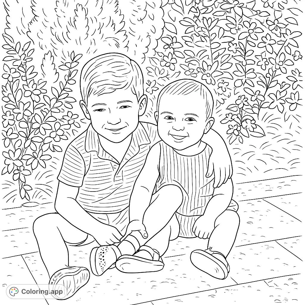 A heartwarming free printable coloring page featuring two smiling siblings, an older boy and a baby, sitting together amidst lush garden foliage. Perfect for kids!
