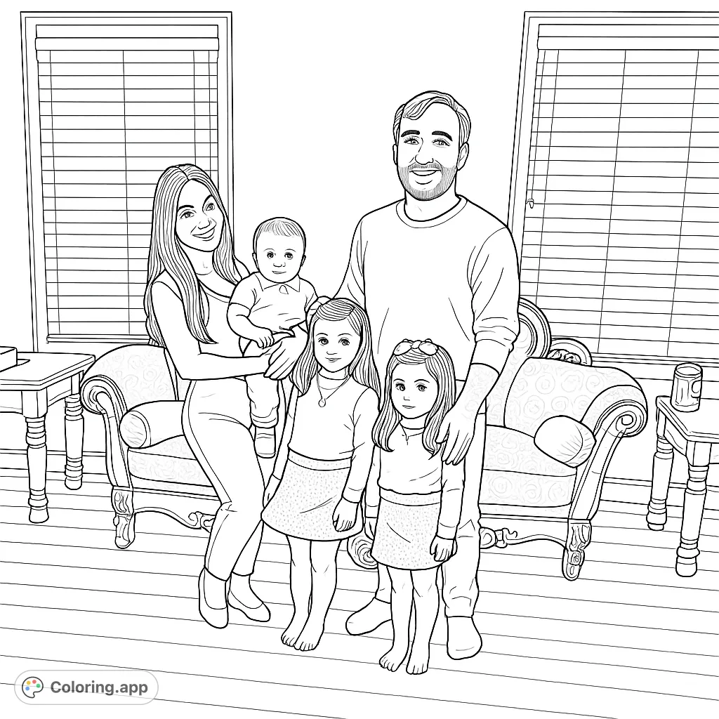 A heartwarming family portrait coloring page featuring parents, two young girls, and a baby in a cozy living room setting, perfect for all ages.