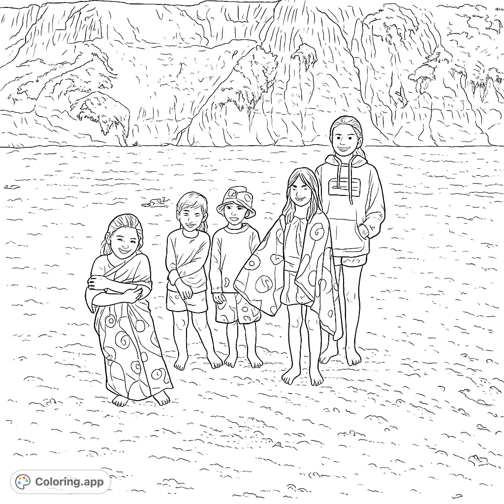 Five happy children enjoy a sunny beach day with towering cliffs and ocean waves. A delightful free printable beach coloring page for kids.