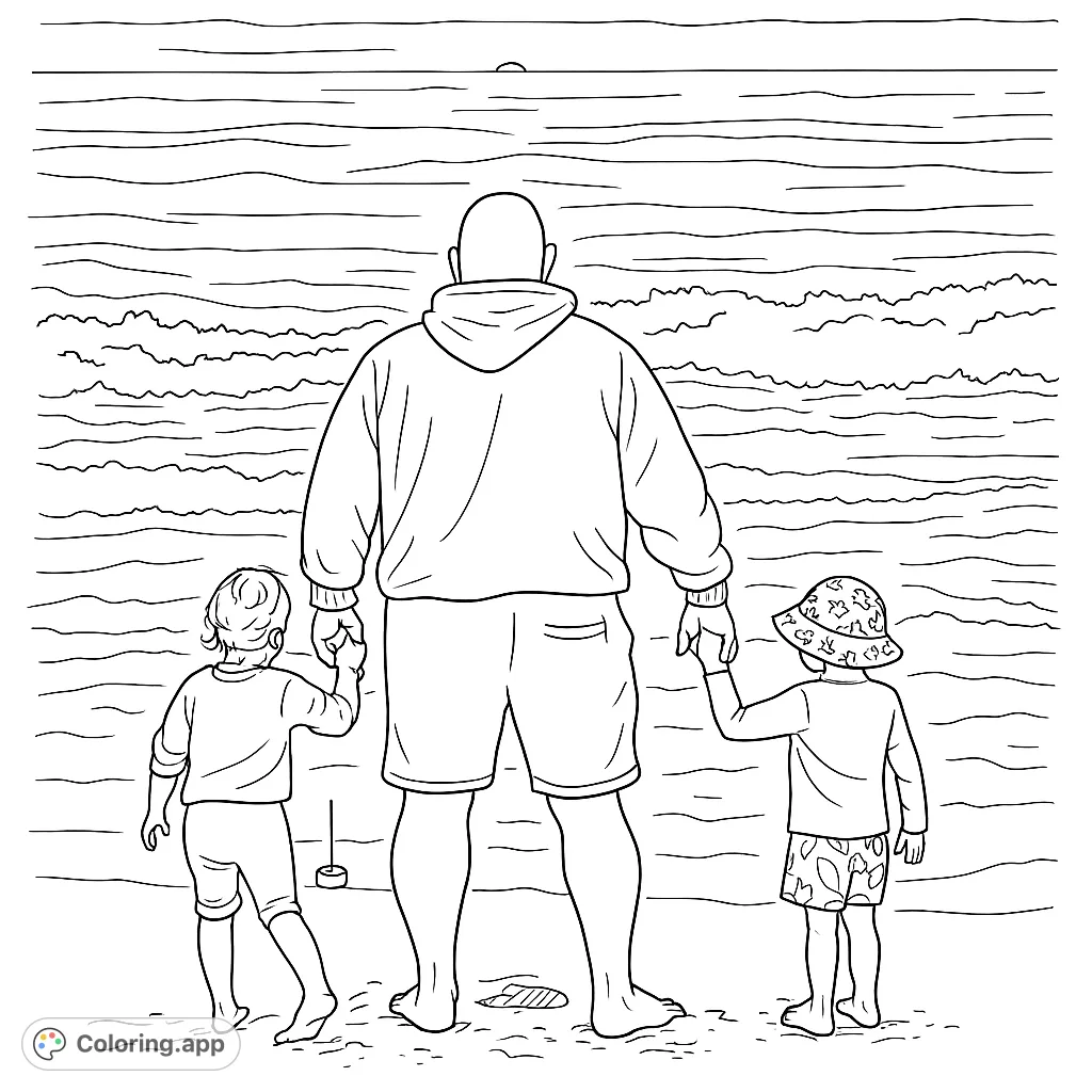 A heartwarming family beach scene with an adult and two children holding hands, gazing at the ocean sunset. Perfect for a free printable coloring page.