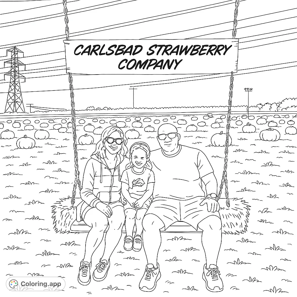A heartwarming family pumpkin patch coloring page featuring a family on a hay bale swing amidst scattered pumpkins, perfect for fall fun.