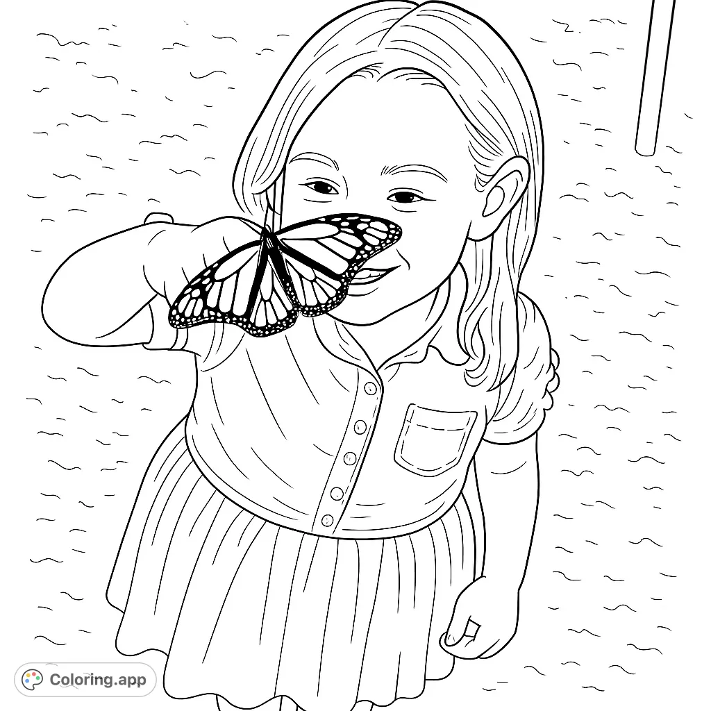 A delightful nature coloring page featuring a smiling young girl with a beautiful butterfly gently resting on her nose. Perfect for kids and adults!
