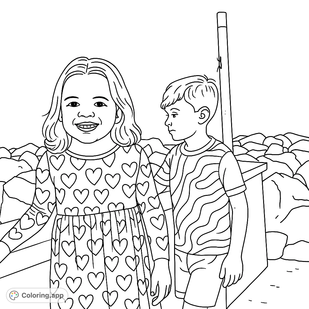 A delightful free printable coloring page featuring a smiling girl in a heart-patterned dress and a boy by rocky terrain, perfect for kids.
