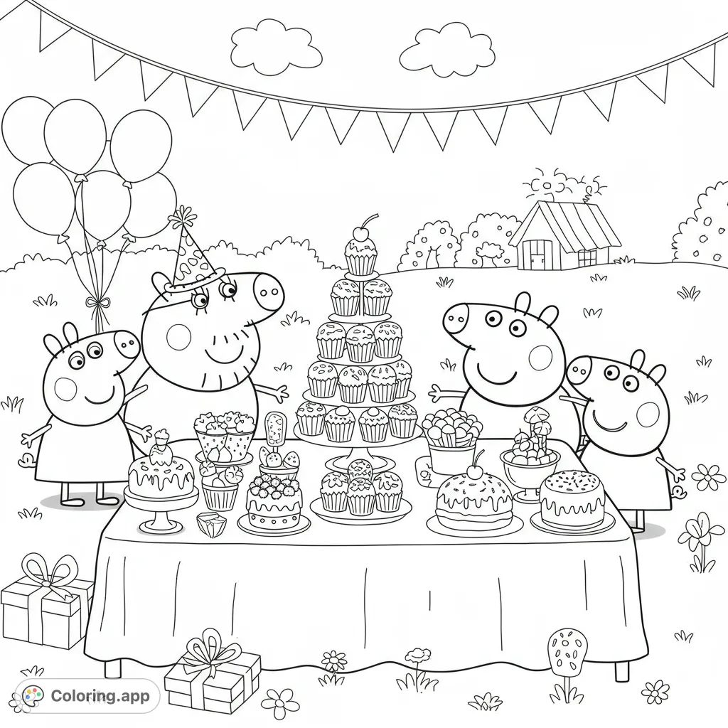 Join a cheerful pig family's outdoor birthday party! This free printable coloring page features a table laden with desserts, balloons, and happy characters.