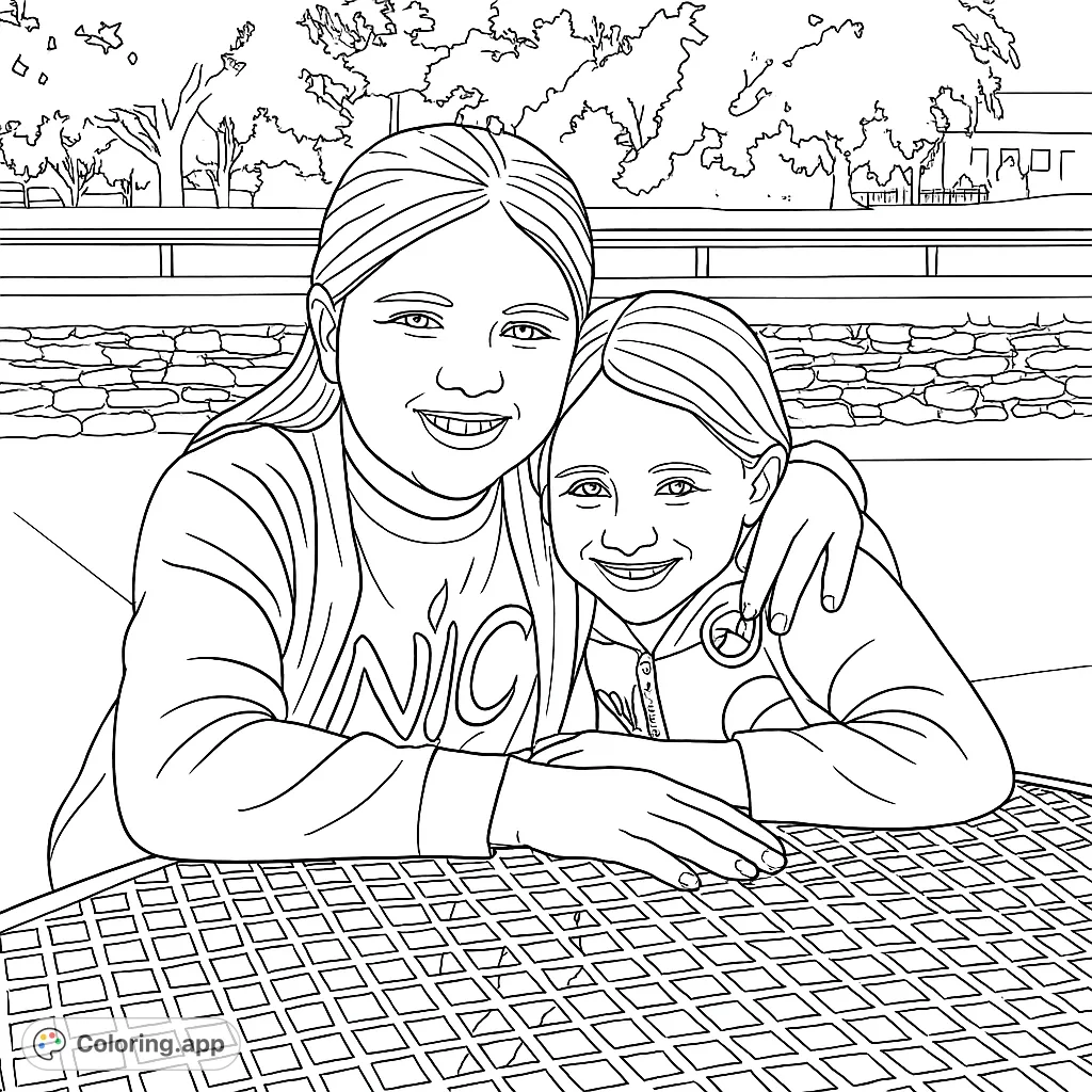 A heartwarming free printable two girls coloring page featuring smiling sisters at an outdoor table, perfect for kids and adults to enjoy.