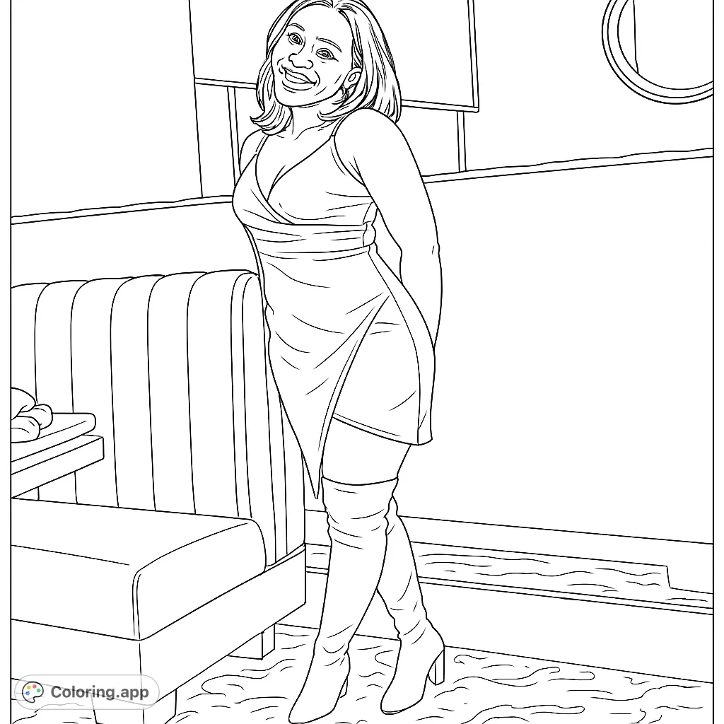 A confident woman in a stylish wrap dress and thigh-high boots, smiling in a chic setting. Perfect for fashion and portrait coloring enthusiasts.