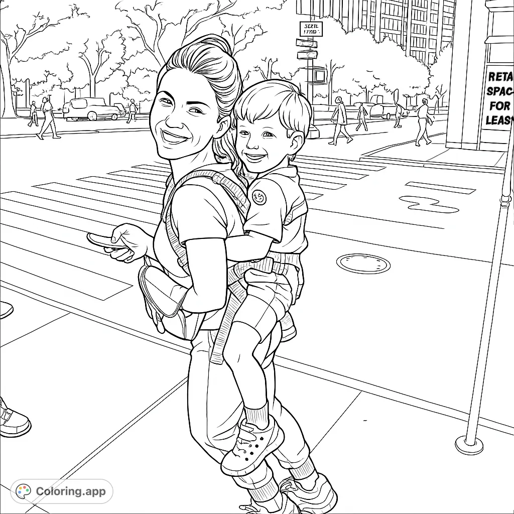 A heartwarming urban scene featuring a smiling mother carrying her happy child in a carrier on a city street, perfect for a free printable coloring page.