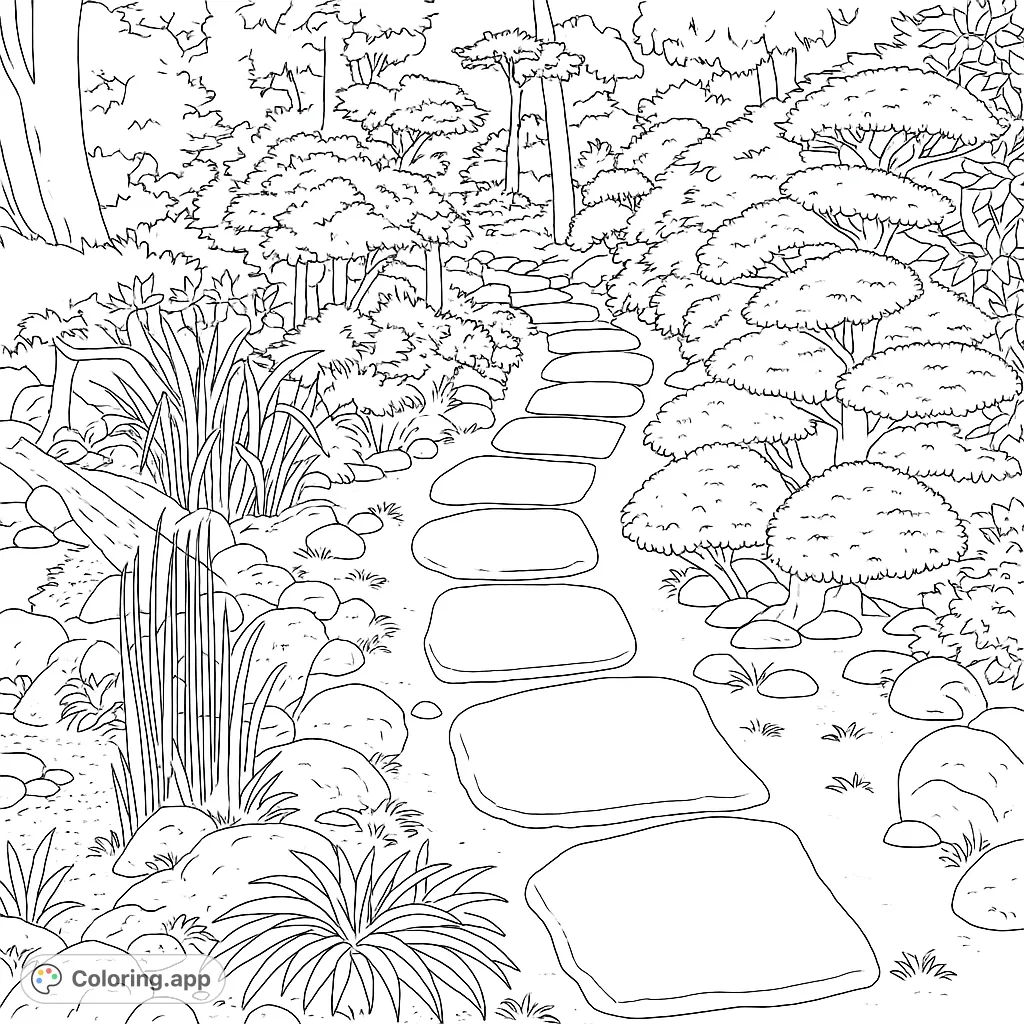 Explore a peaceful garden path coloring page featuring winding stepping stones, lush foliage, diverse trees, and scattered rocks, perfect for nature lovers.