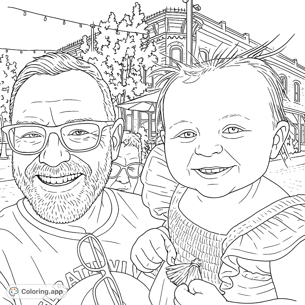 A heartwarming family portrait coloring page featuring a smiling man and a happy baby in an urban setting. Perfect for all ages.
