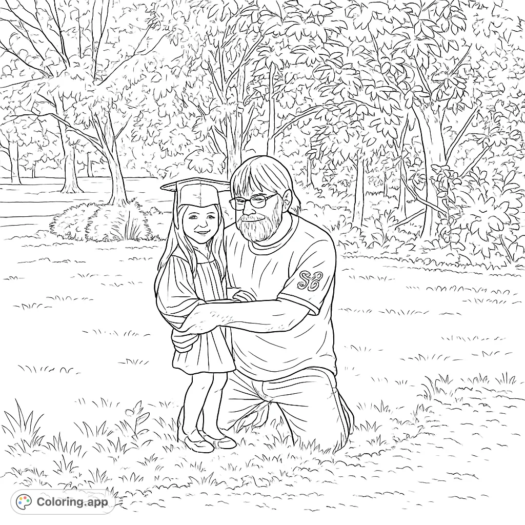 A heartwarming graduation scene featuring a proud man embracing a young girl in her cap and gown amidst a park setting, perfect for celebrating milestones.