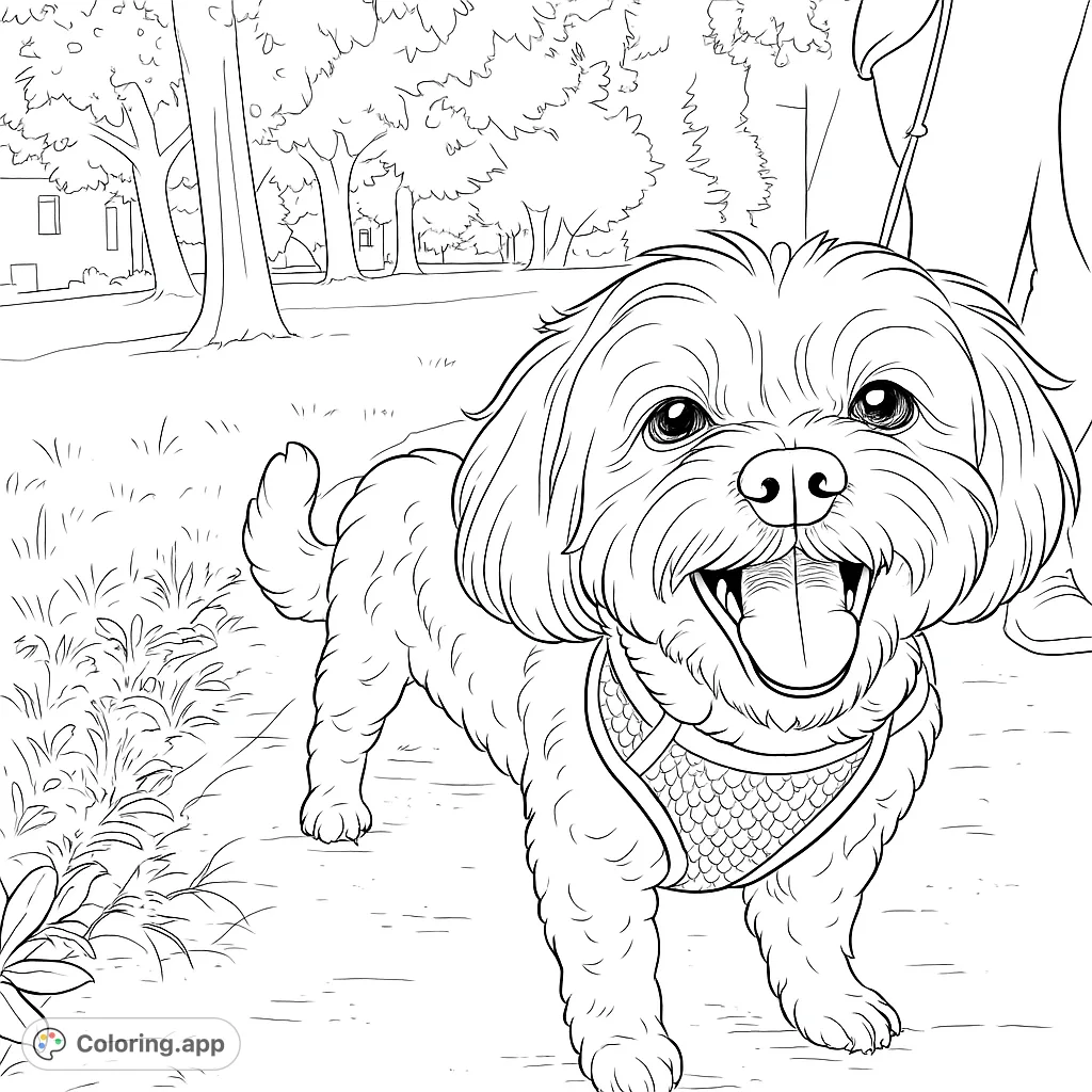 A joyful fluffy dog with a detailed harness, panting happily on a walk in a park. This adorable dog coloring page is perfect for all ages.