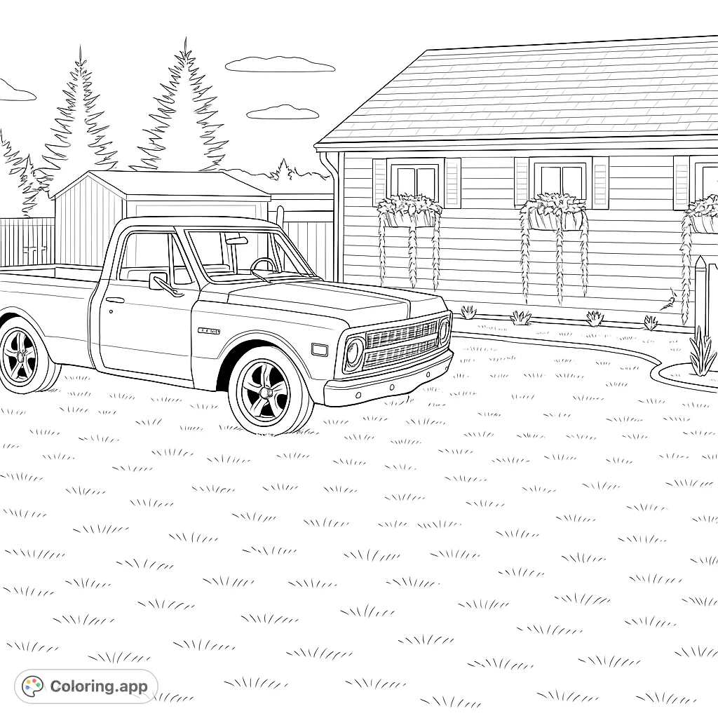 A classic pickup truck parked on a lush lawn in front of a charming house. Perfect for vehicle enthusiasts and those who love nostalgic scenes. Free printable coloring page.