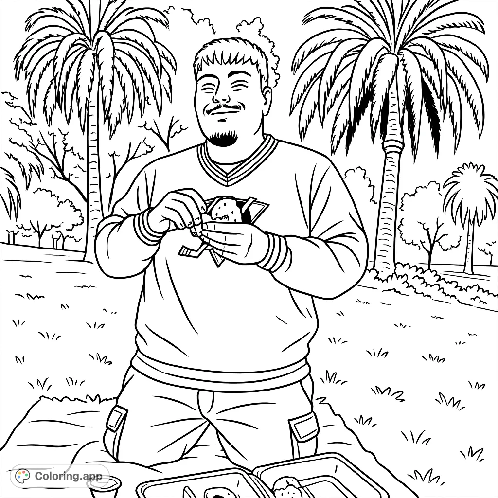 A happy man enjoys a picnic in a sunny park, unwrapping a treat. Features palm trees and a relaxing outdoor scene. Perfect for a free printable coloring page.