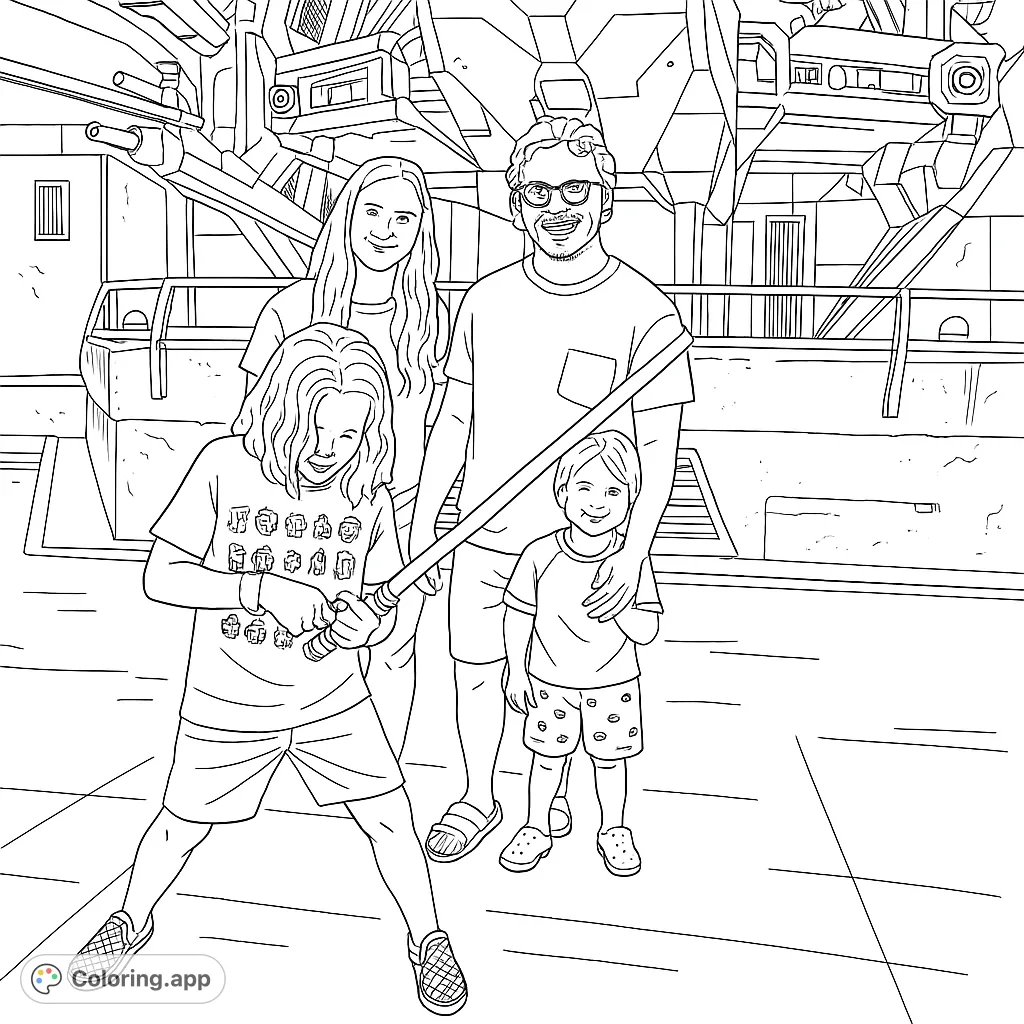 A family of four in a futuristic setting, with one child dynamically holding a lightsaber. Perfect for sci-fi fans and family fun.