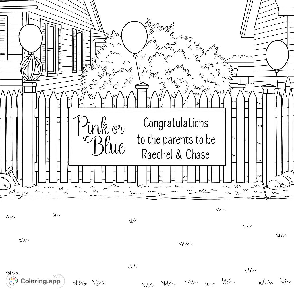 A charming gender reveal coloring page featuring a picket fence, blank banner, and balloons, perfect for celebrating new beginnings.