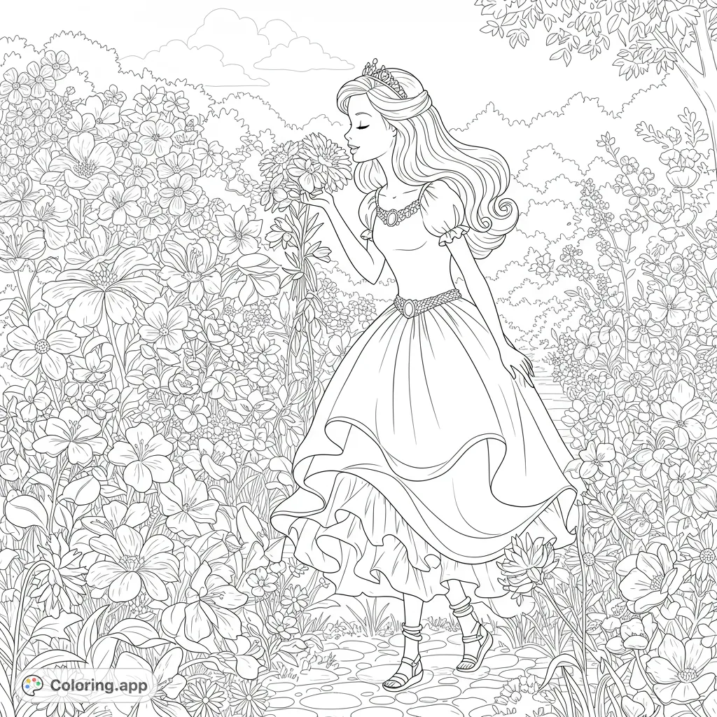 A beautiful princess in a flowing gown smells flowers in an enchanted garden. A delightful princess coloring page for kids and adults, free printable.