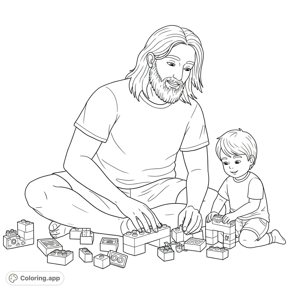 A heartwarming father and son bonding over building blocks. This free printable coloring page captures a joyful moment of shared creativity and play.