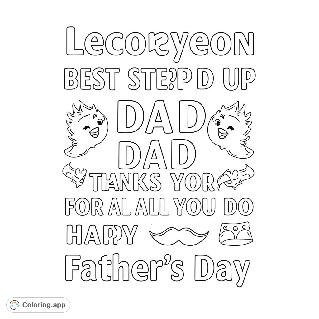 A delightful Father's Day coloring page featuring cute birds, a mustache, and a crown, perfect for celebrating dads.