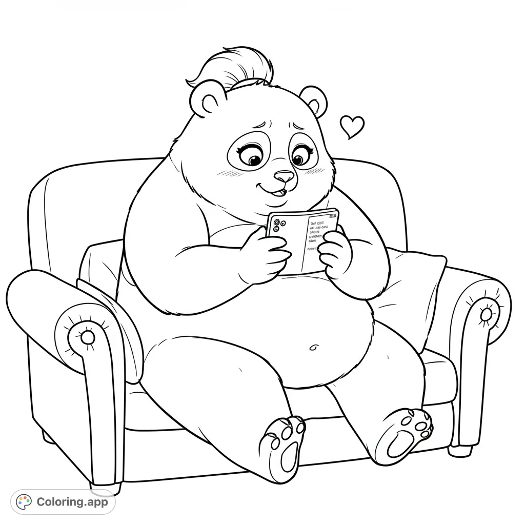 An adorable panda relaxes in an armchair, happily engrossed in its smartphone. A charming free printable panda coloring page for all ages.