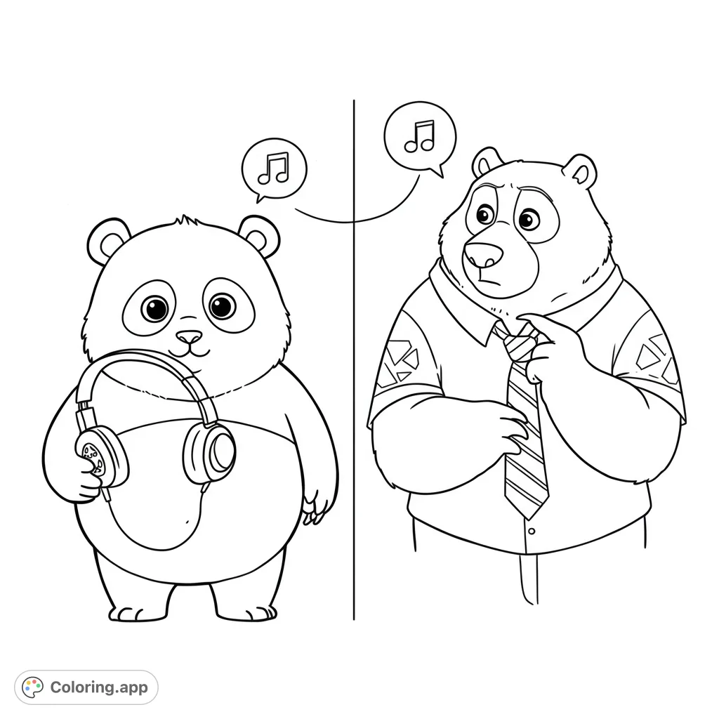 A charming animal character coloring page featuring a happy panda with headphones and a concerned bear in a tie, separated by a line with music notes.