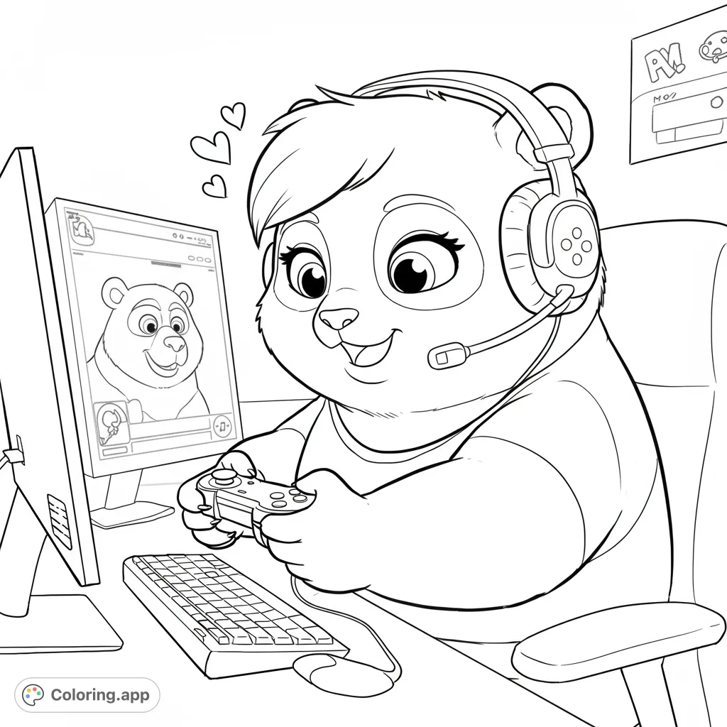 An adorable panda gamer with a headset, controller, and computer, ready for action. A fun, free printable gaming panda coloring page.