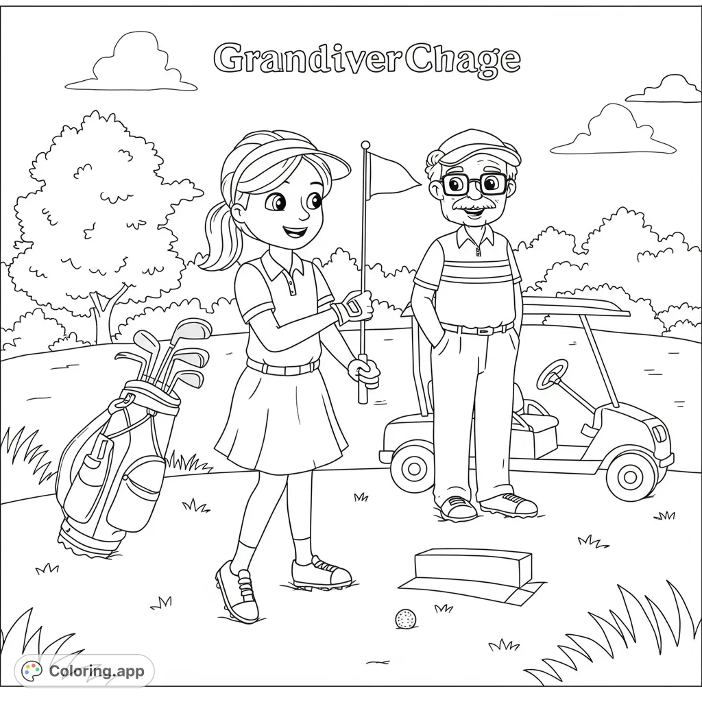 A delightful golf coloring page featuring a girl and her grandpa on the course with a golf cart and clubs. Perfect for family fun!