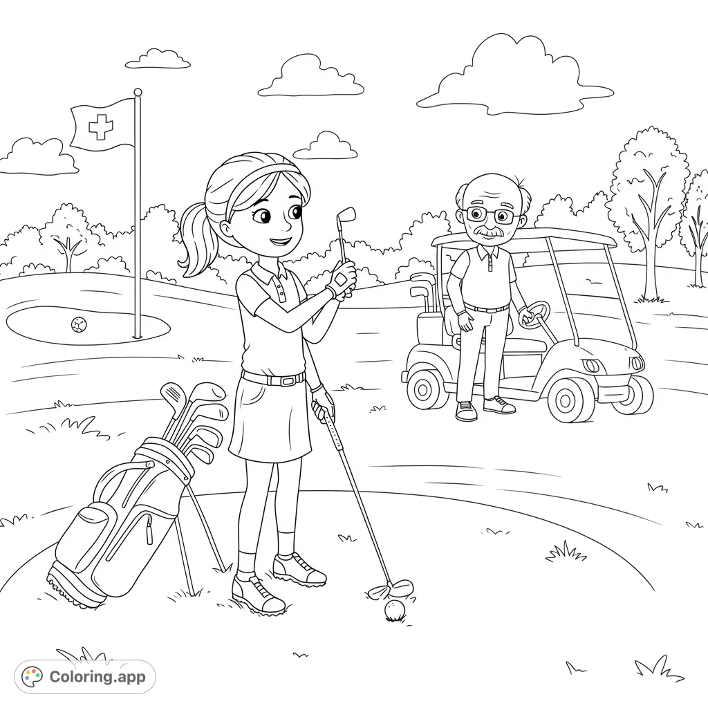 A cheerful girl plays golf with an older man and golf cart nearby. Perfect for a fun golf coloring page, featuring a flag and golf clubs.