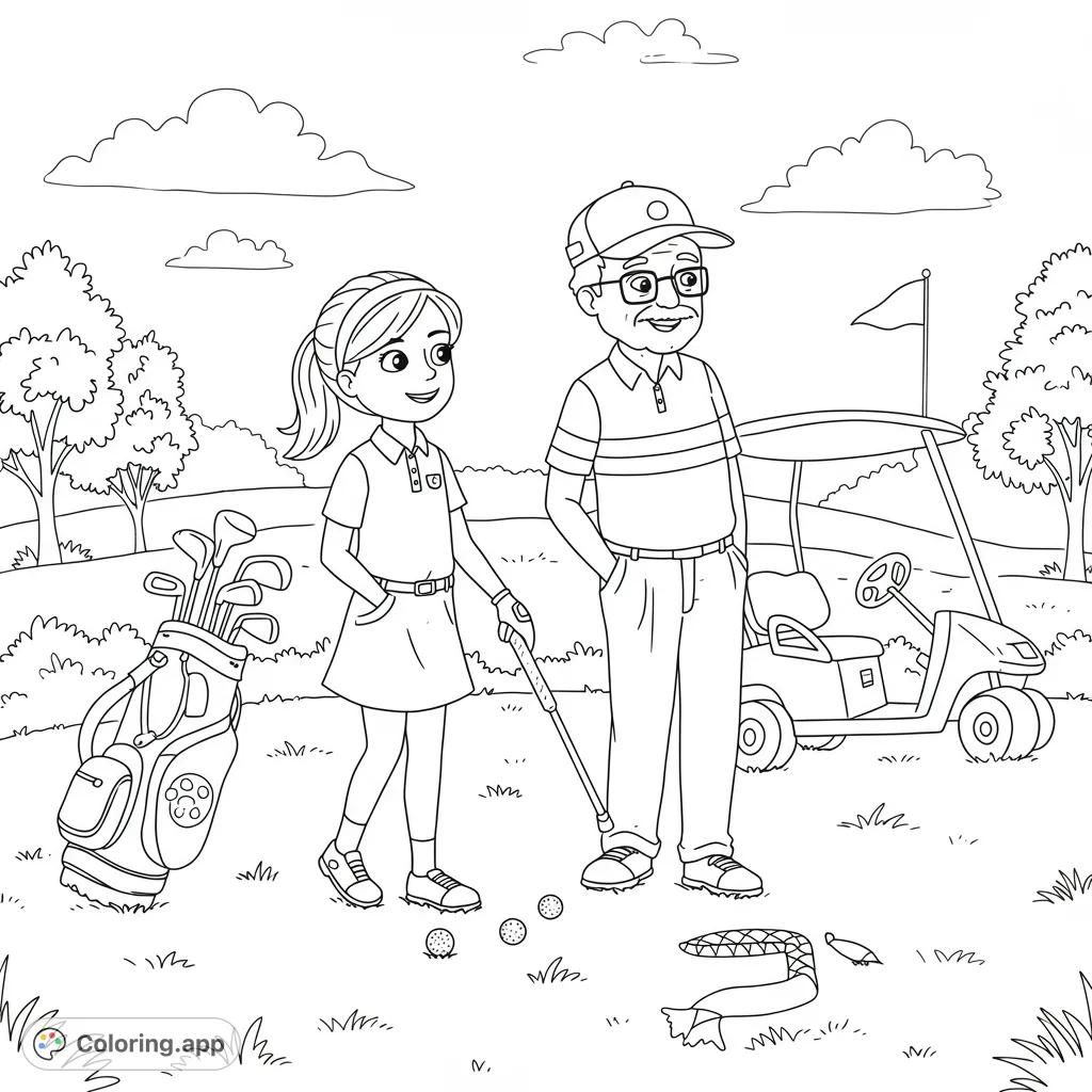 A delightful golfing family coloring page featuring a girl and an older man on a scenic golf course with clubs, a cart, and a flag.